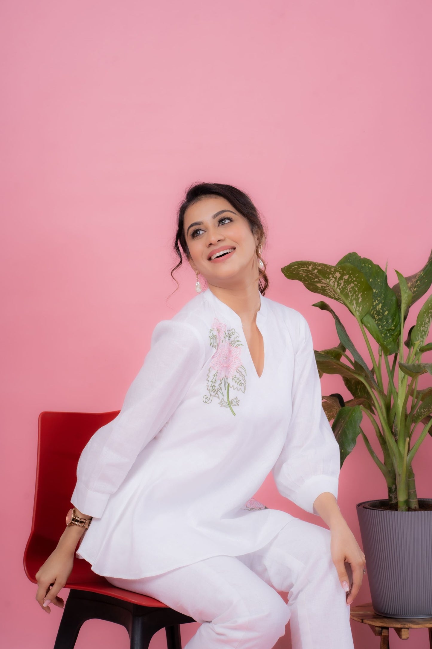 Pointed Collar Embroidered Top with Classic Linen Pants for Women