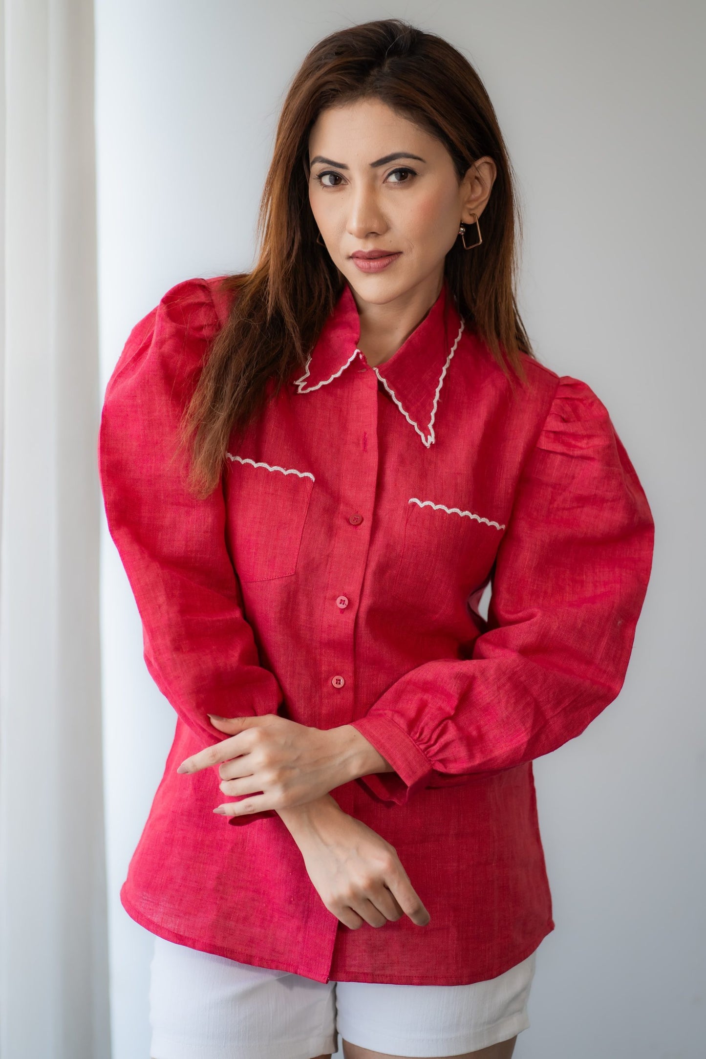 Linen Scalloped Puff Shirt with scalloped edges and puff sleeves for women