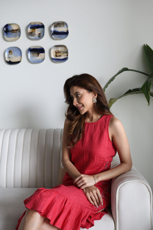 Red Sleek Ruffle Dress