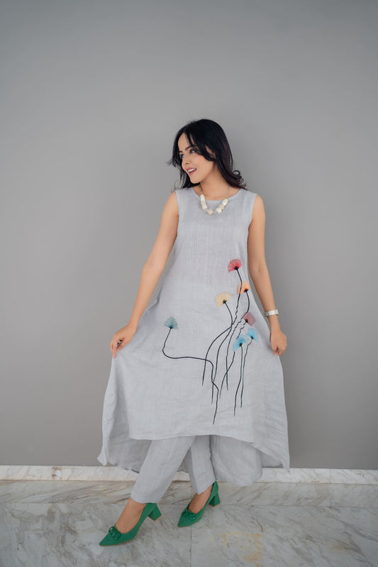 Flare and Bloom Statement Dress Top with Pant in floral linen
