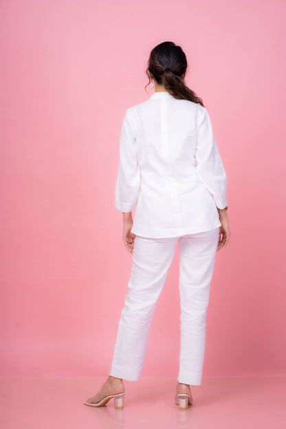 Pointed Collar Embroidered Top with Classic Linen Pants for Women