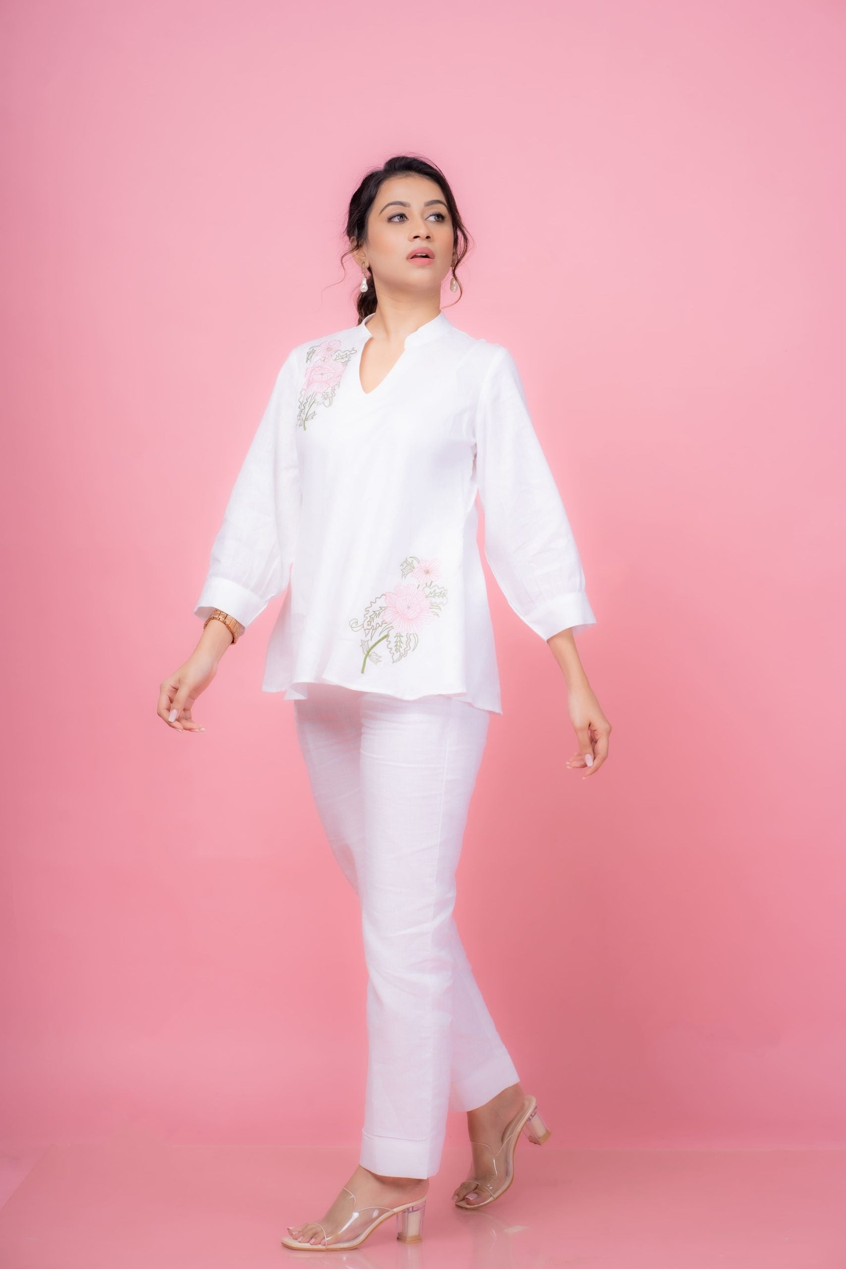 Pointed Collar Embroidered Top with Classic Linen Pants for Women