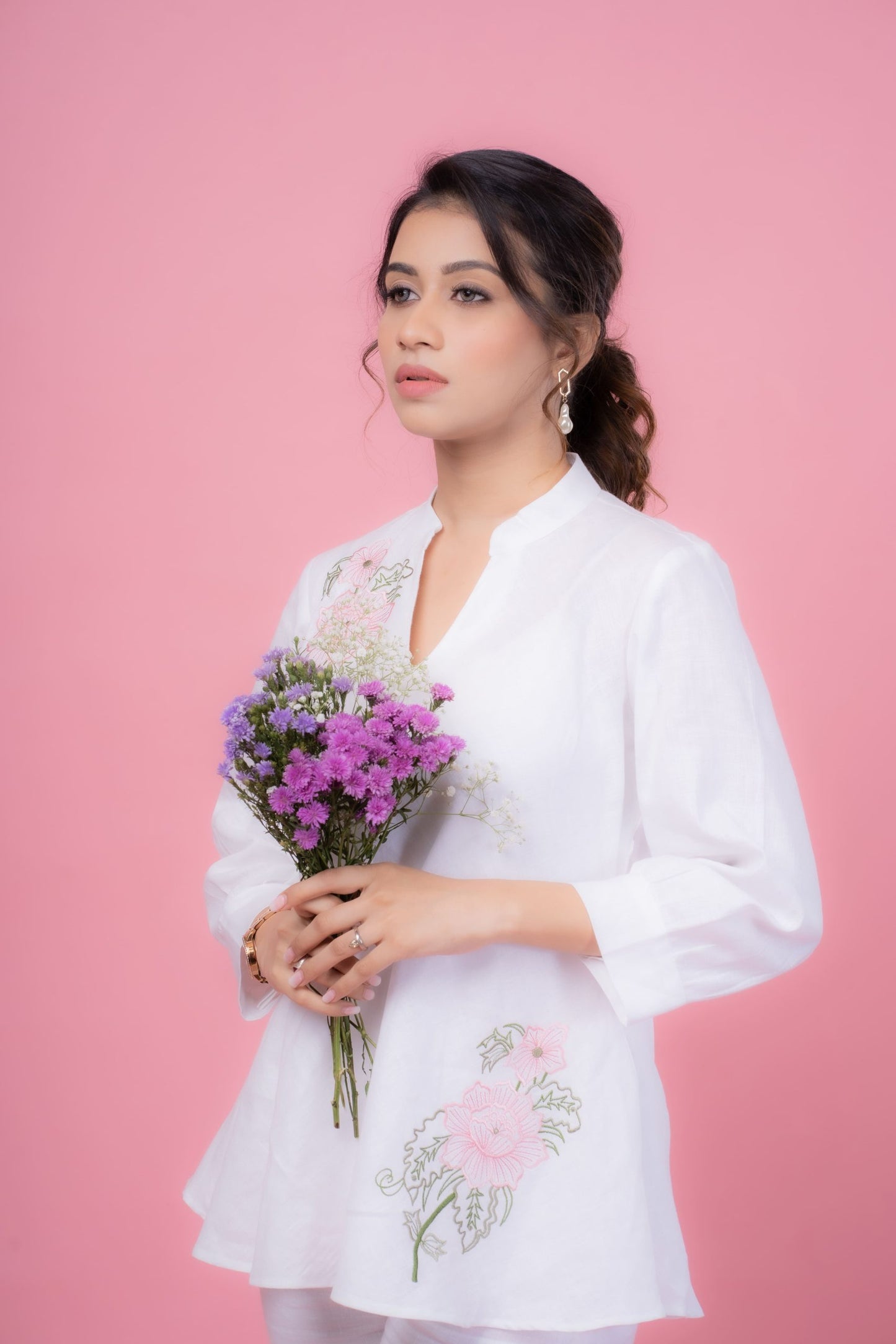 Pointed Collar Embroidered Top with Classic Linen Pants for Women