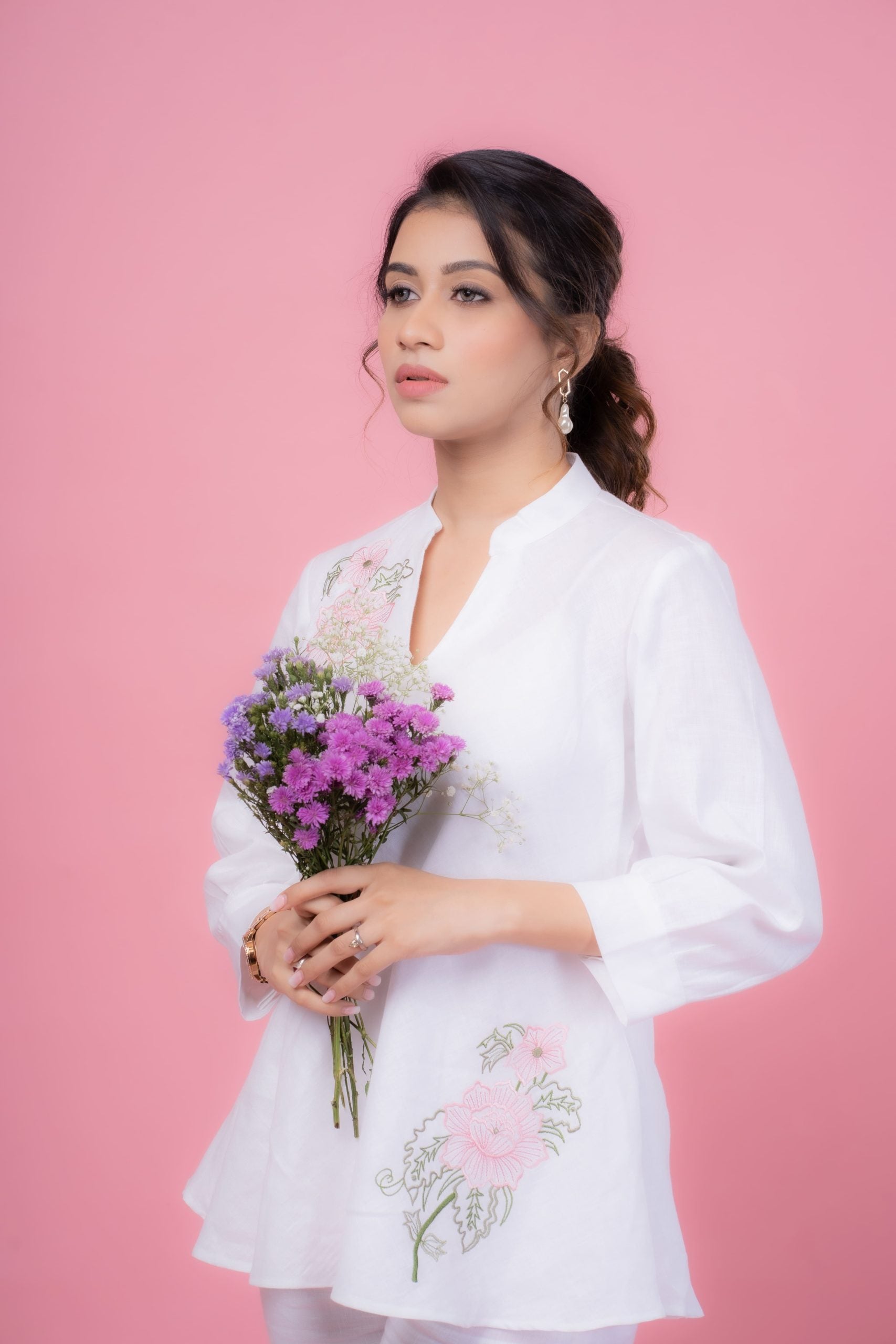 Pointed Collar Embroidered Top with Classic Linen Pants for Women