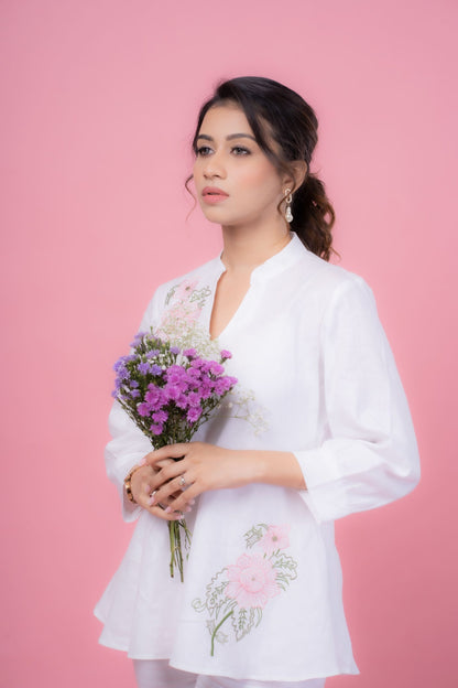 Pointed Collar Embroidered Top with Classic Linen Pants for Women