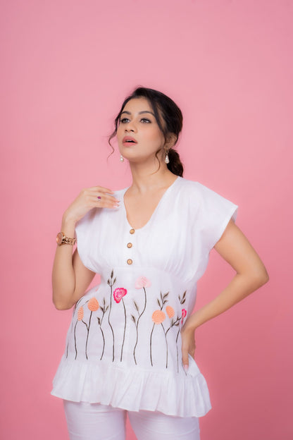 Pleated Hue Top in cotton-linen fabric