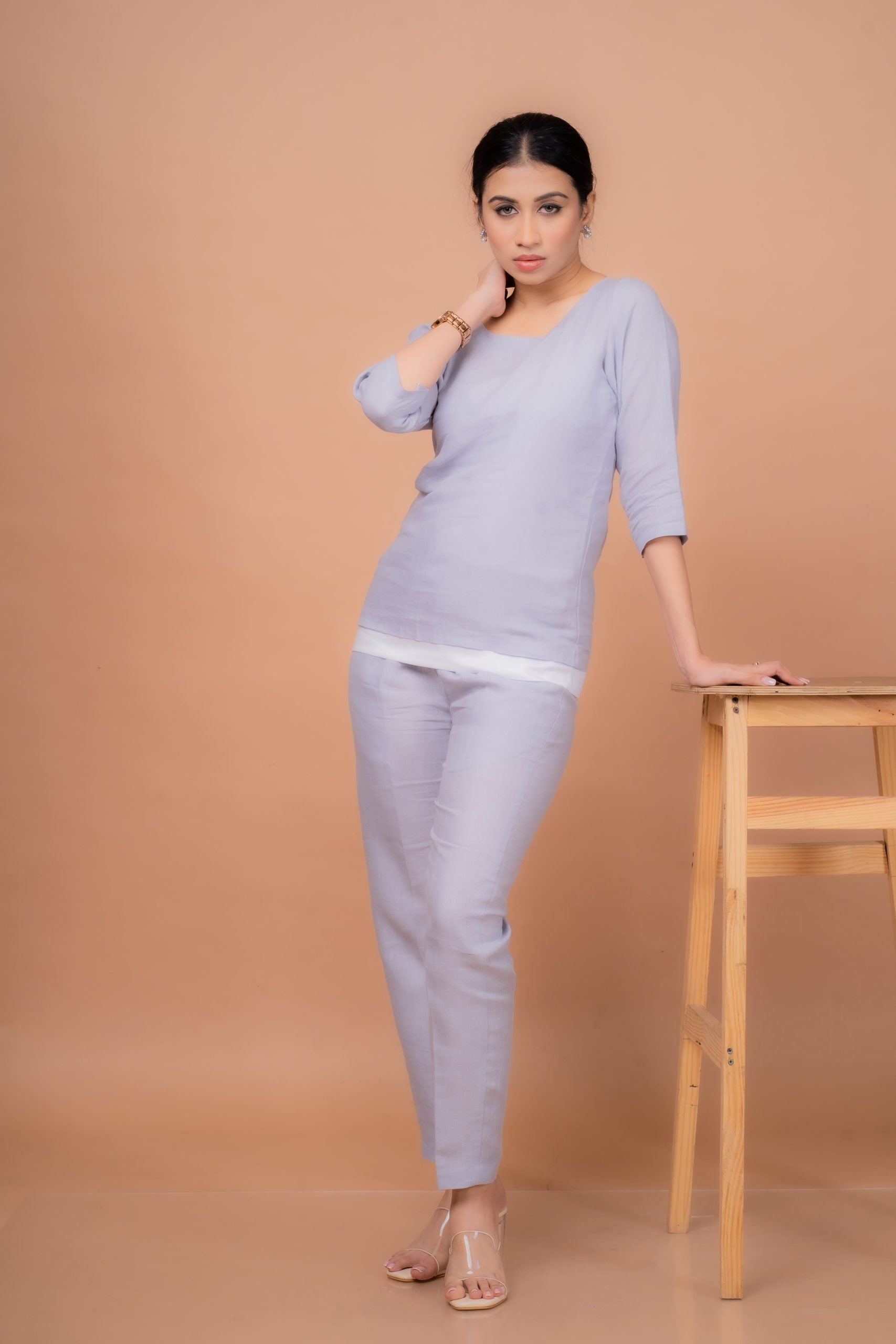 Cotton linen co-ord set for women with full-sleeved top