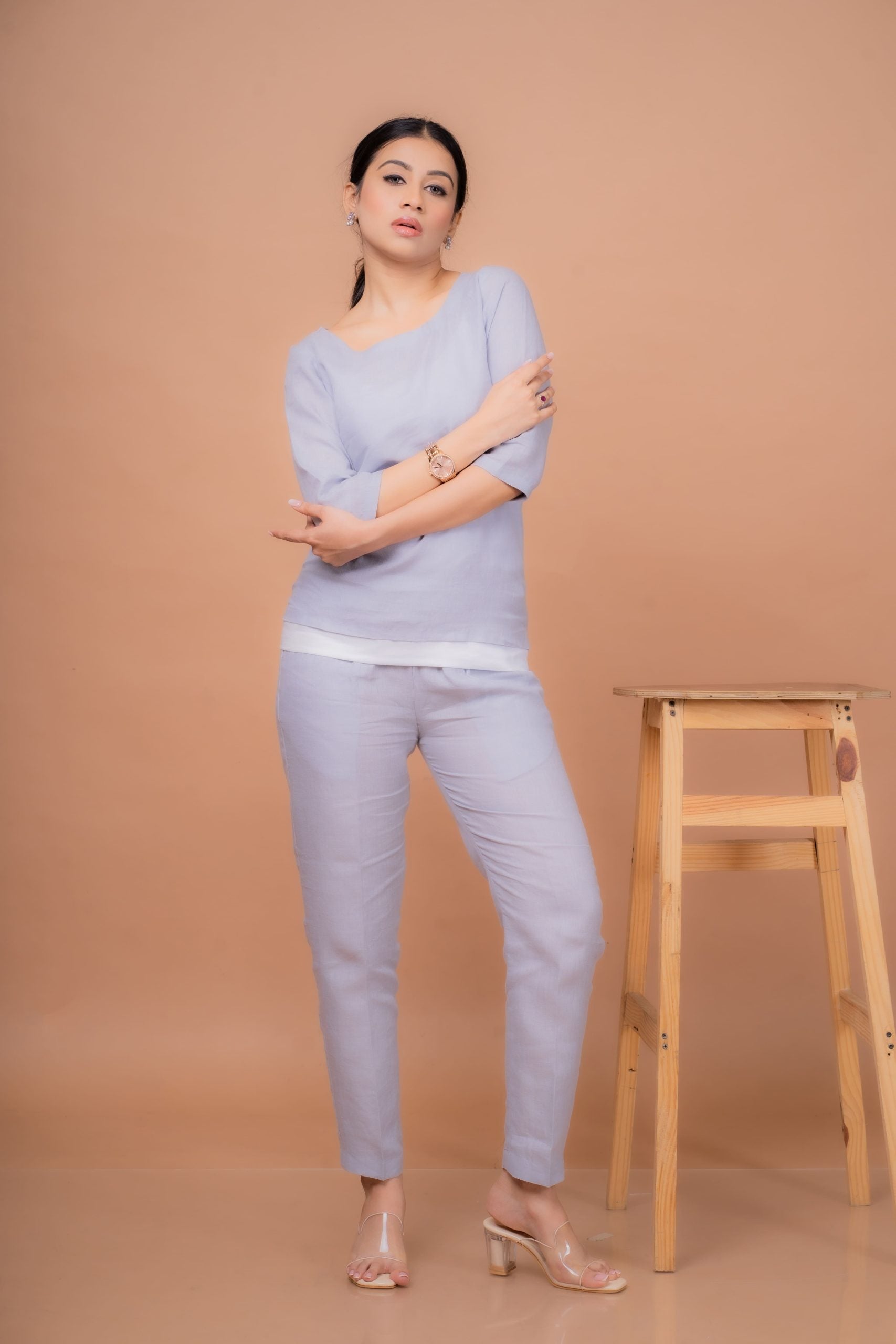 Cotton linen co-ord set for women with full-sleeved top