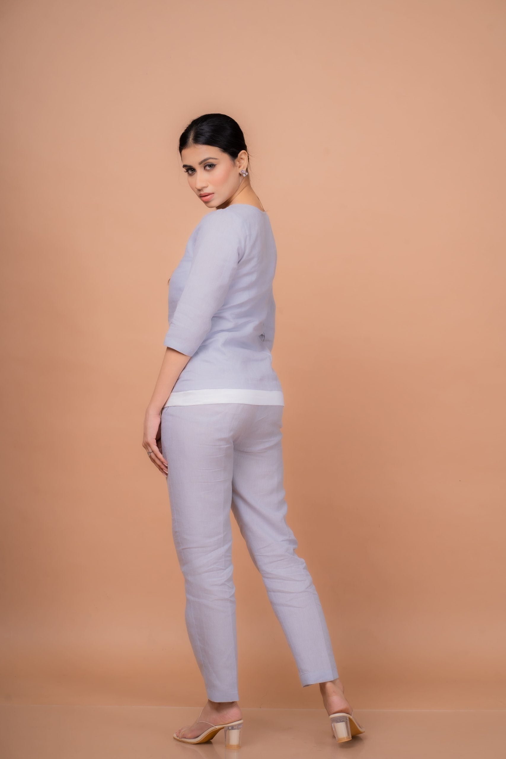 Cotton linen co-ord set for women with full-sleeved top