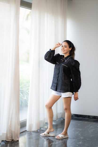 Linen Scalloped Puff Shirt