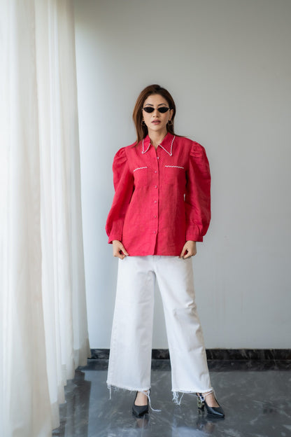 Linen Scalloped Puff Shirt