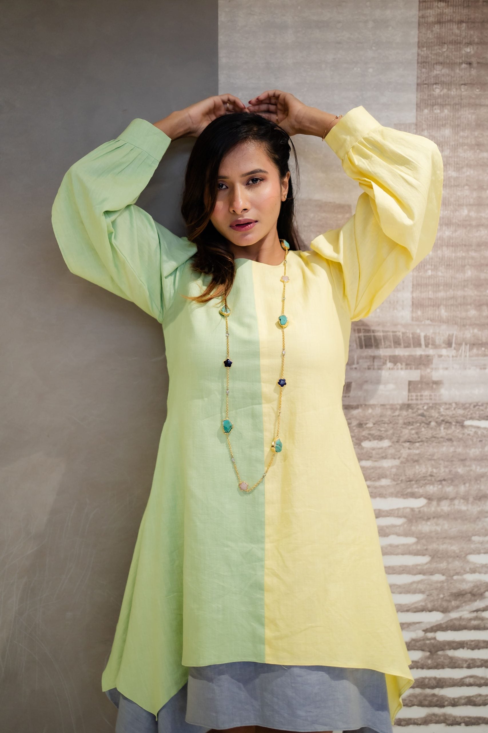 Tri-Colored Shoulder Cut One Piece Dress for Women