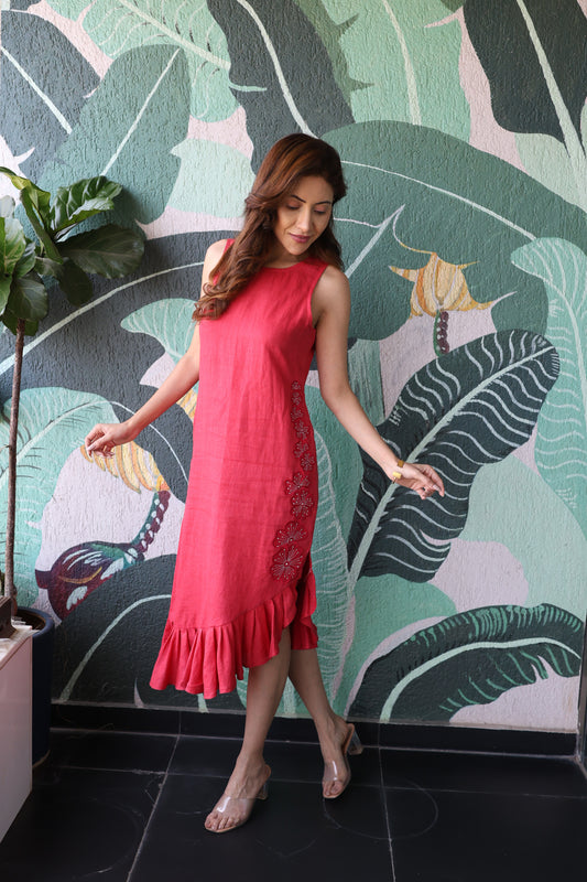 Red Sleek Ruffle Dress