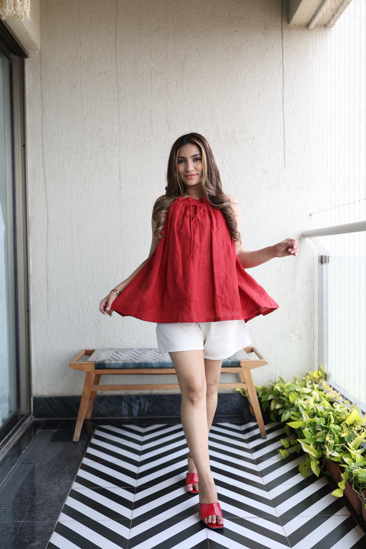 Red Pleated Swing Top