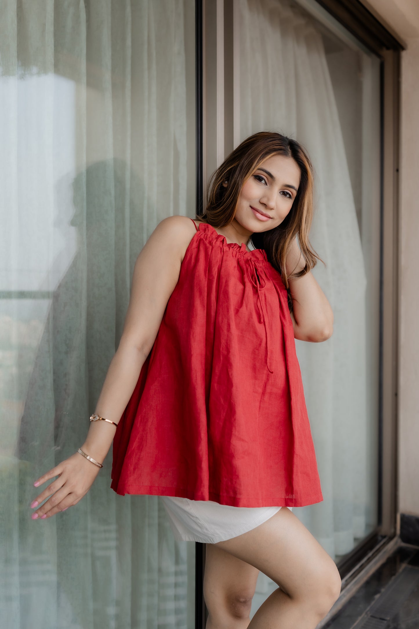 Red Pleated Swing Top