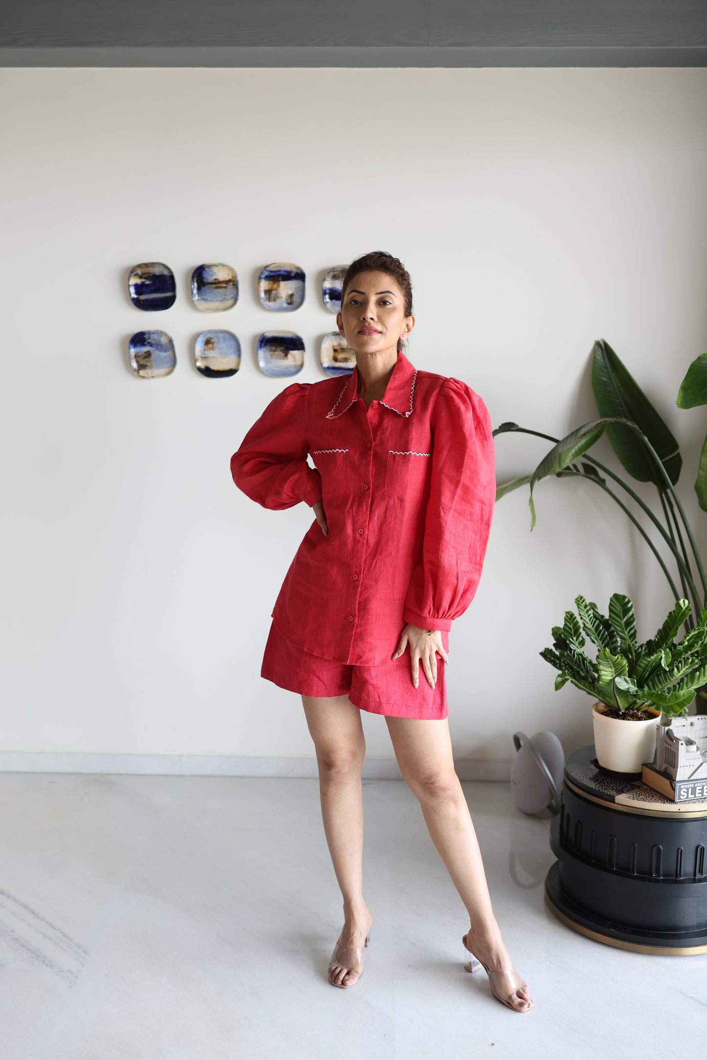 Red Linen Scalloped Puff Shirt